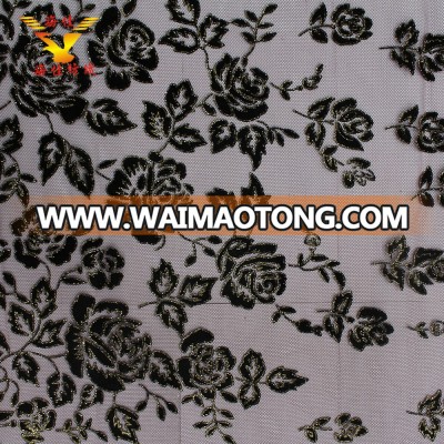 Wholesale symmetric rose gold glitter black flocking soft red hexagonal mesh tulle fabric