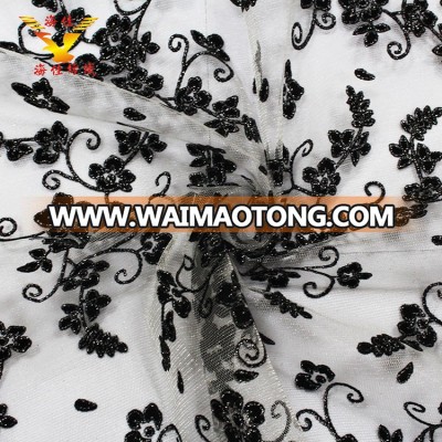 Reliable cheap CQ0036 glitter silver black close chrysanthemum mesh tulle fabric